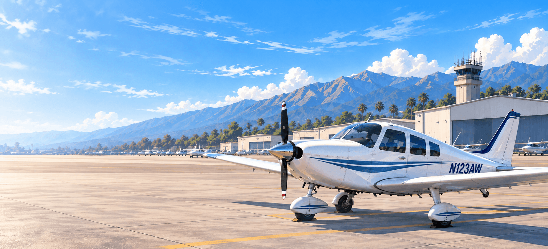 A low-wing training airplane parked on a sunlit general aviation ramp, with hangars, a control tower and mountains behind it.